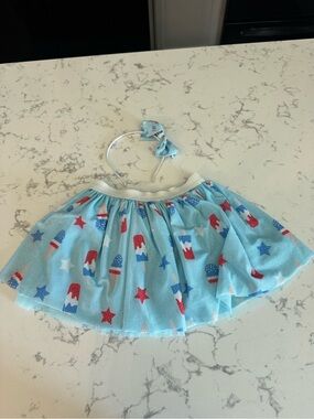 Set of Blue Kids Skirt & Bow Headband - Patriotic Star & Popsicle Print